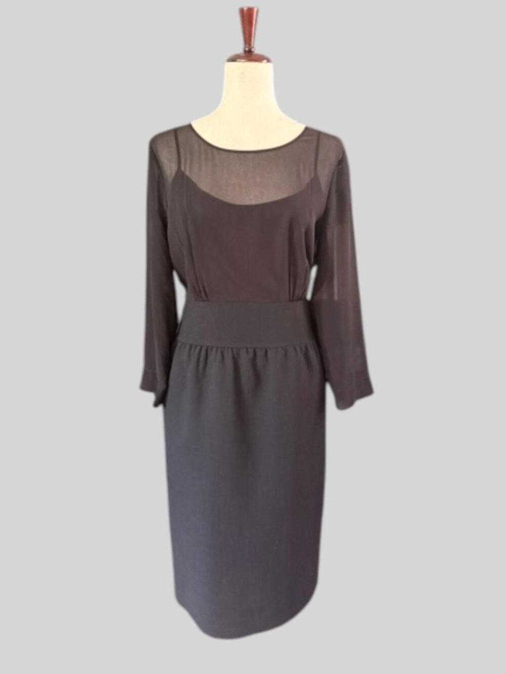 Talbots Formal Cumberbund Waist Black Sheer Top Wool Blend Skirt Dress 14 NWOT